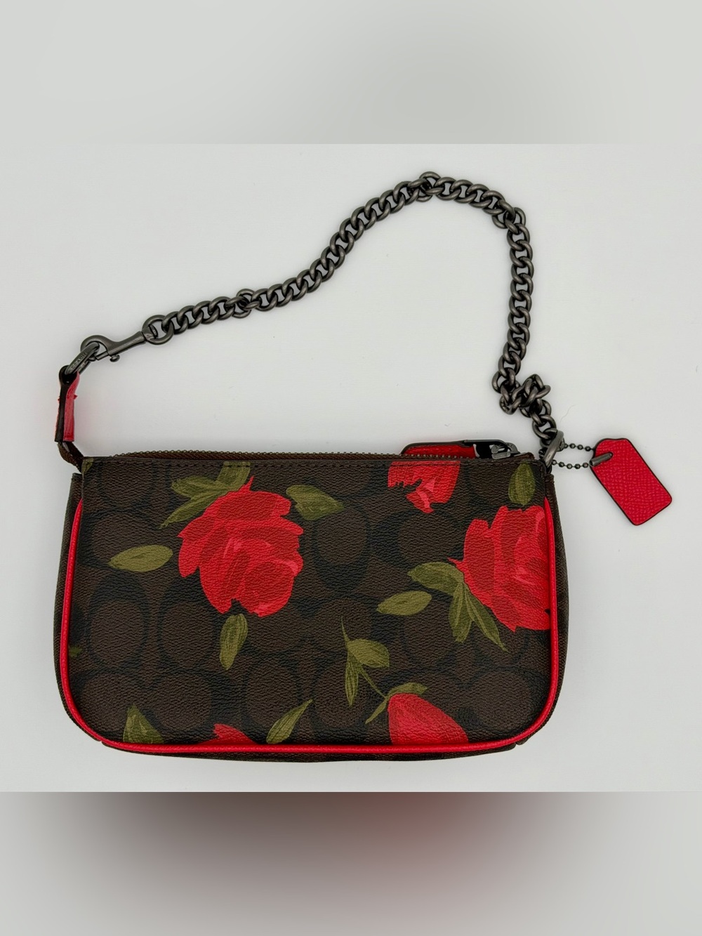 Coach Signature Rose Floral Zip Wristlet Clutch Black Red Chain Strap NWOT - Picture 2 of 3